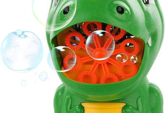 a front view of the green dinosaur that shows the bubble blowing