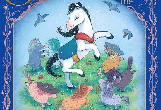 a fairytale cover with a white horse in the middle with seven littler ponies dancing around