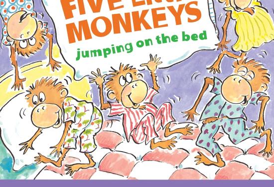 five monkeys jumping on the bed