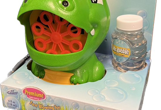 The green dinosaur with an open mouth where the bubbles will come out