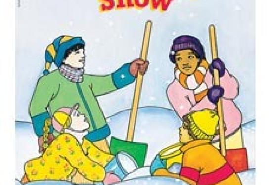 Four young kids bundled up in winter clothing, outside in the snow. Two of them are standing with shovels, and two kneeling in the snow holding buckets