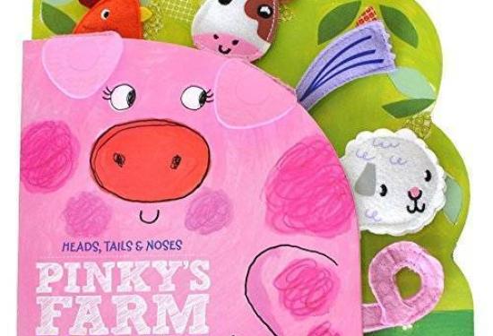 a pig as the main portion of the book cover, with felt animals (chicken, cows, sheep) sticking their heads out from around the pig.