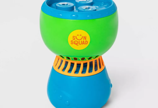 A top blowing bubble machine that is green